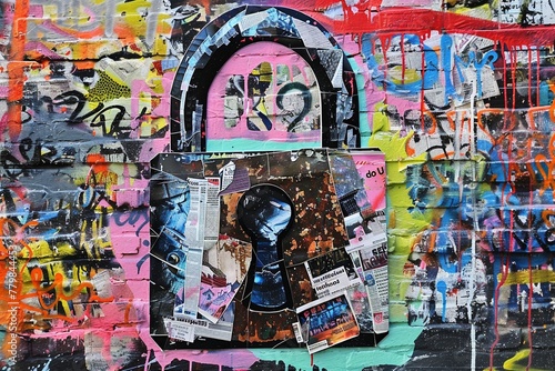 Close-up of a graffiti artwork: a meticulously crafted padlock made from colorful newspaper fragments and magazine clippings, a powerful symbol of internet security.