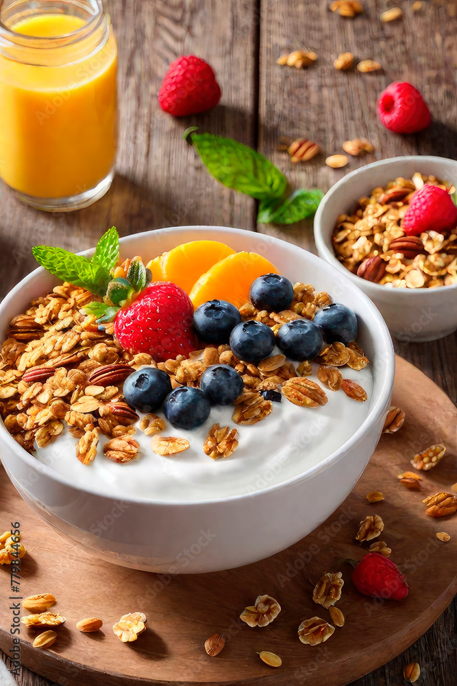 Bowl of homemade granola with yogurt parfait and fresh berries and ingredients on wooden table. Bowl of homemade granola with yogurt parfait and fresh berries and ingredients on wooden table.