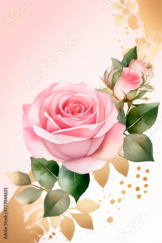 Greeting card with pastel pink beautiful roses and delicate gold leaf accents in watercolor style.