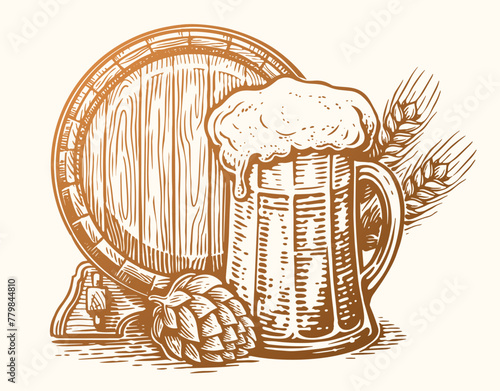 Hand drawn wooden barrel and mug of beer. Brewery, pub sketch vintage vector illustration