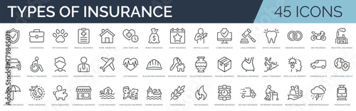 Set of 45 outline icons related to types of insurance. Linear icon collection. Editable stroke. Vector illustration