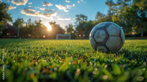 Soccer ball on the soccer field. Generative AI