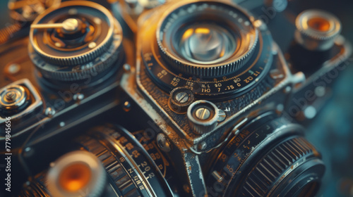 A close-up of a vintage camera, showcasing its intricate mechanical details