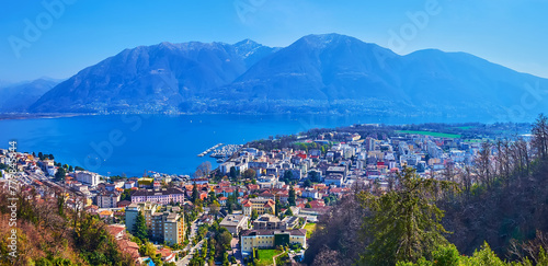 Aerial panorama of Locarno, Lake Maggiore and Alps, Ticino, Switzerland