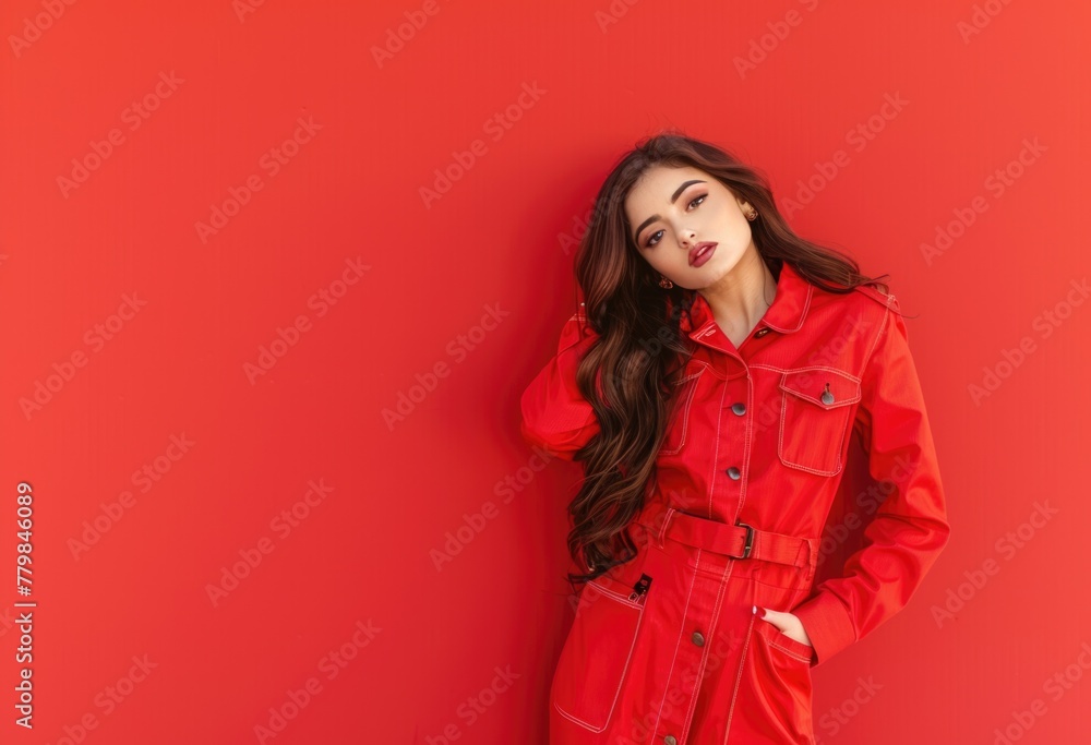 Fashionable Woman in Red Jacket Posing Against Red Background Fashionable Woman in Red Jacket Posing Against Red Background