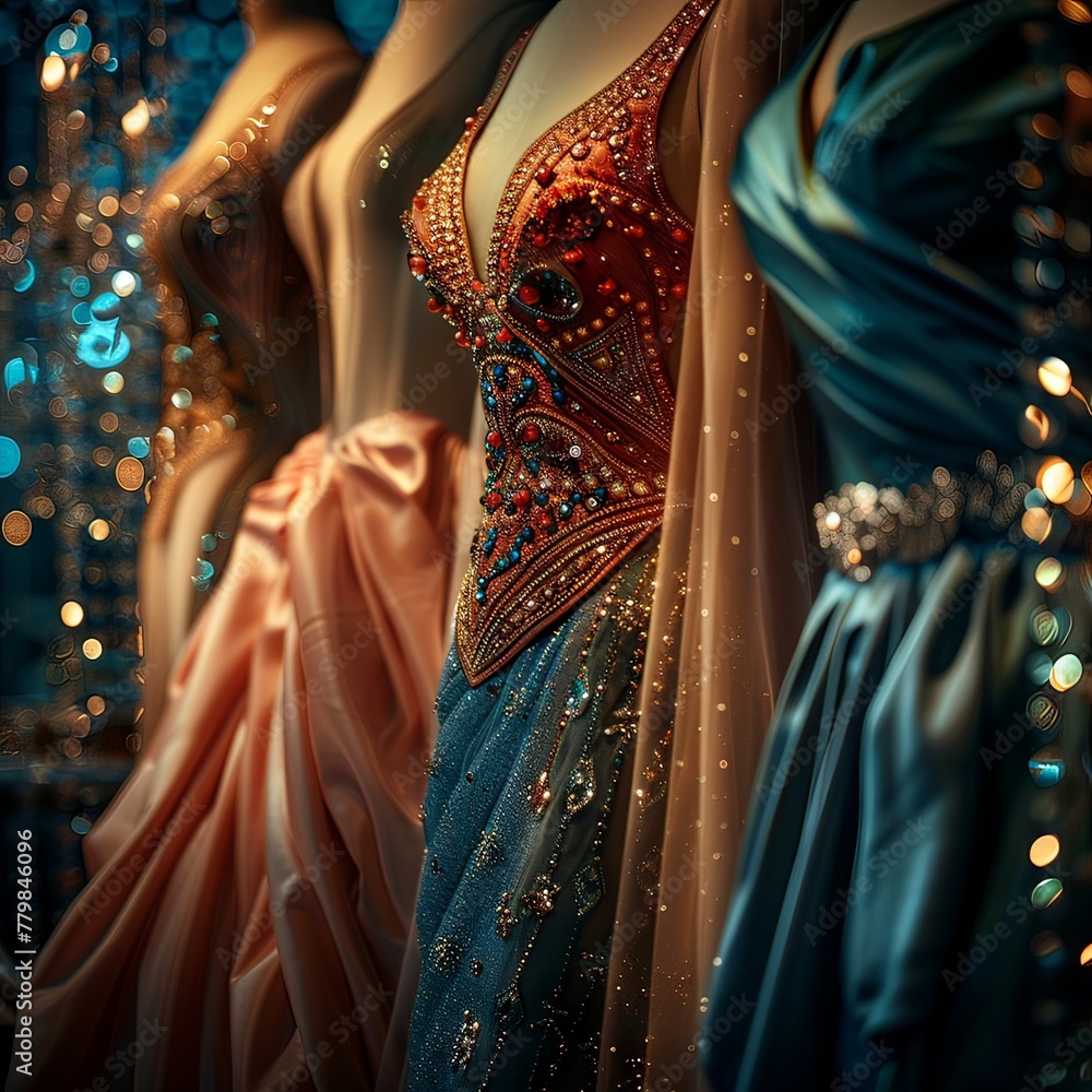 Fashion-Themed Background with Elegant Evening Dresses and Accessories

