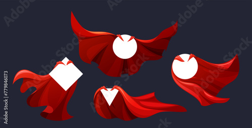 Red Super Hero Capes Collection. Crimson Superhero Cloak Billows Behind The Rhombus, Circle And Triangle Empty Frames