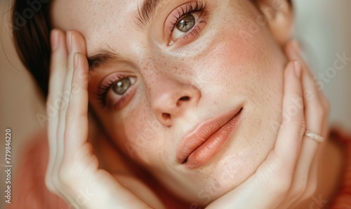 Serene Beauty Portrait with Close-Up of Freckled Woman