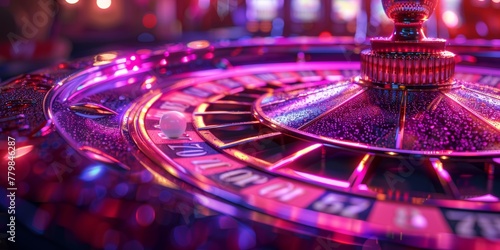 Colorful roulette wheel spins at a bustling casino in Las Vegas during a lively evening, capturing an atmosphere of excitement and chance photo