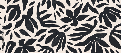 Hand drawn minimal abstract flowers. Seamless patterns with organic shapes black and white color for fabric, textiles, clothing, wallpaper, cover, banner, home decor, florals backgrounds.