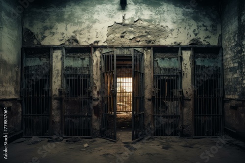 Austere Prison doors. Lock stone cage. Generate Ai