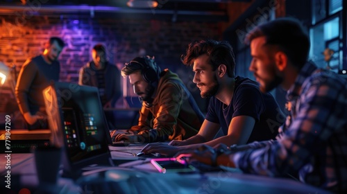 Intense Nighttime Gaming Session Among Friends with Vibrant Neon Lights