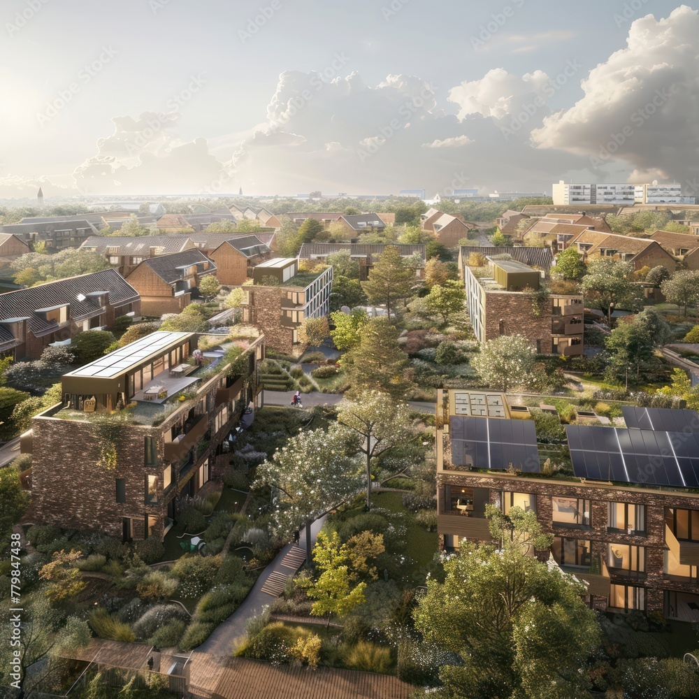 Image showcasing Sustainable eco-friendly urban neighborhood with green roofs and ...