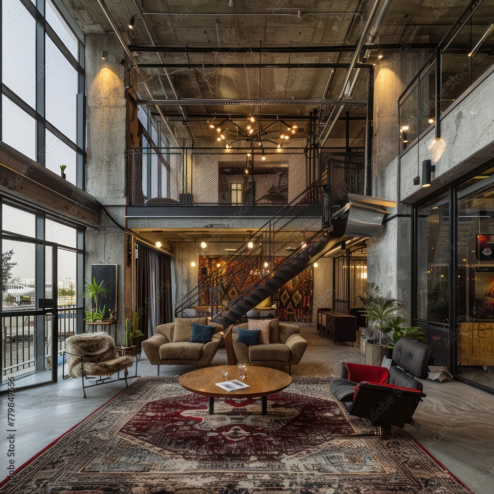 Naklejka premium Modern office interior with industrial design, featuring a staircase, open space, and lounge area with plants and stylish furniture.