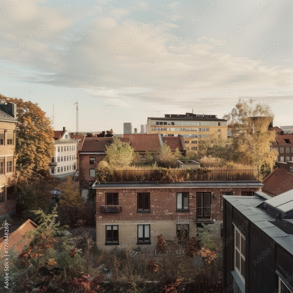 Urban landscape at sunset with residential buildings and green rooftop garden, showcasing sustainable city living. Urban landscape at sunset with residential buildings and green rooftop garden, showcasing sustainable city living.