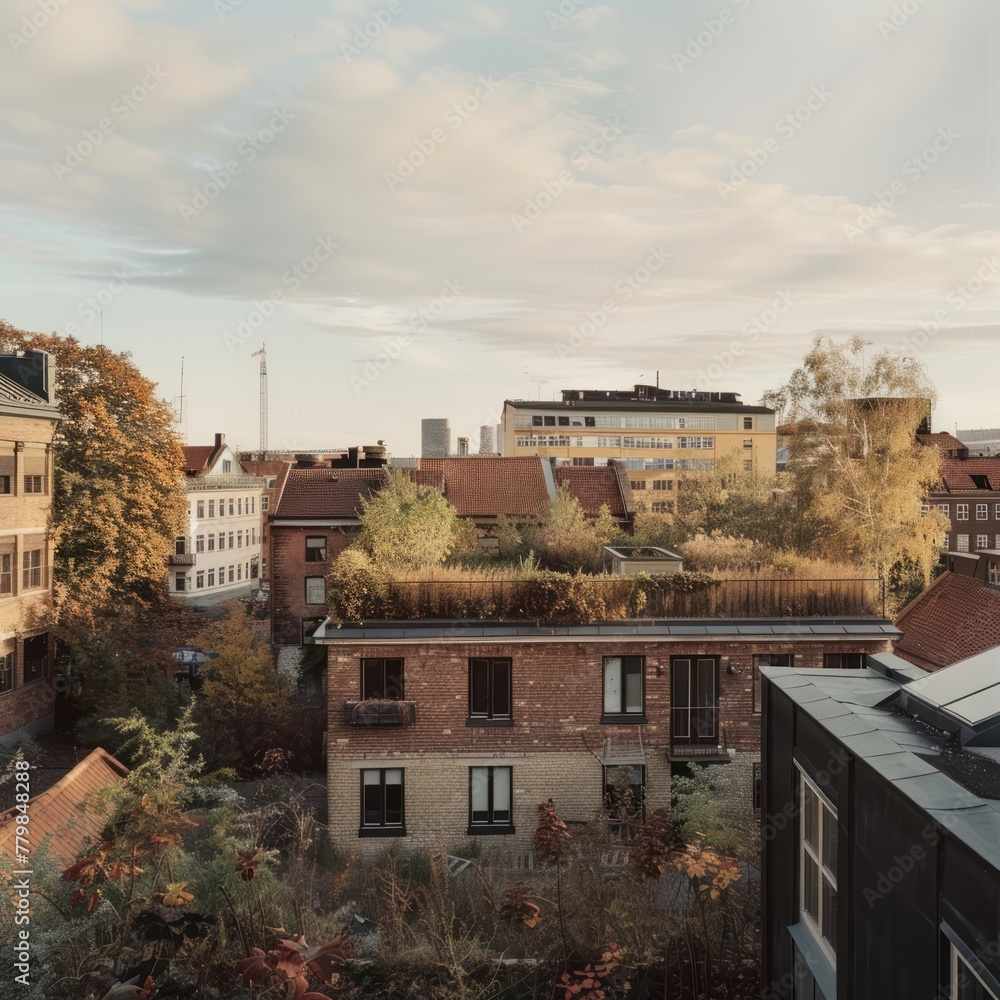 Urban landscape at sunset with residential buildings and green rooftop garden, showcasing sustainable city living.