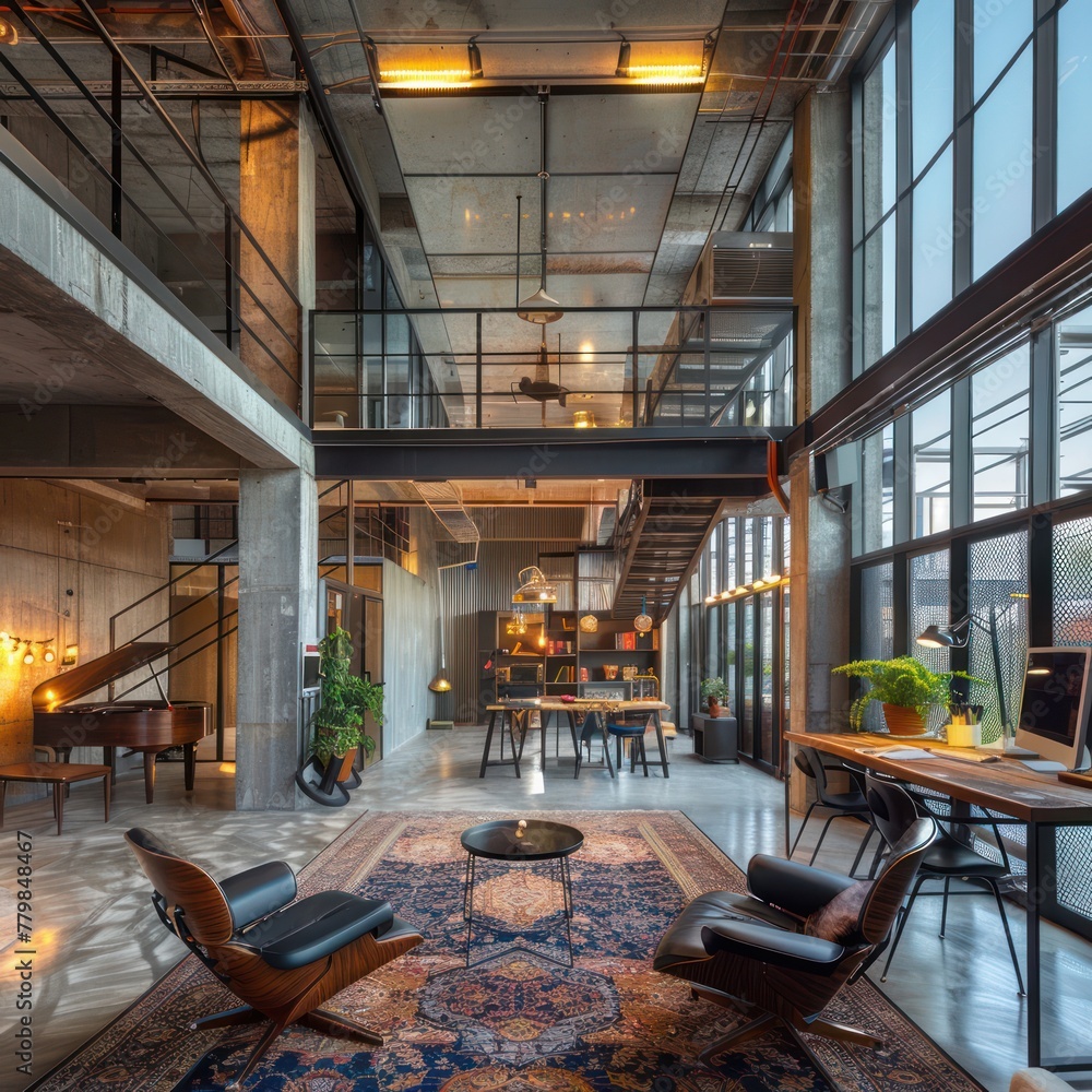 Modern industrial loft interior with a high ceiling, large windows, and a staircase, featuring a dining area with stylish furniture and a Persian rug.