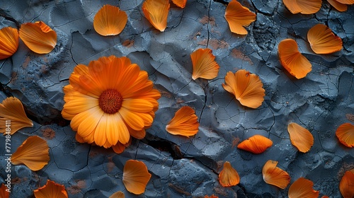  A tight shot of an orange flower blooming on a rock, surrounded by orange blossoms growing on its side