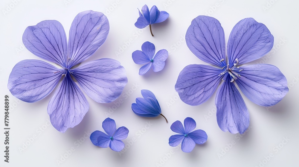 A cluster of blue flowers arranged together on a pristine white background One flower sits centrally within the group A cluster of blue flowers arranged together on a pristine white background One flower sits centrally within the group
