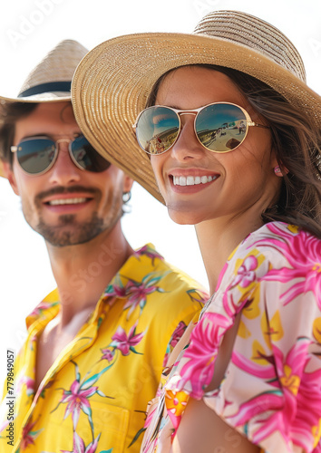 happy man and woman in pink and yellow summer clothes, wearing sunglasses and straw hats on a white background, vacation, holidays, travel, resort, hotel, family, couple, husband, wife, emotional face © Julia Zarubina