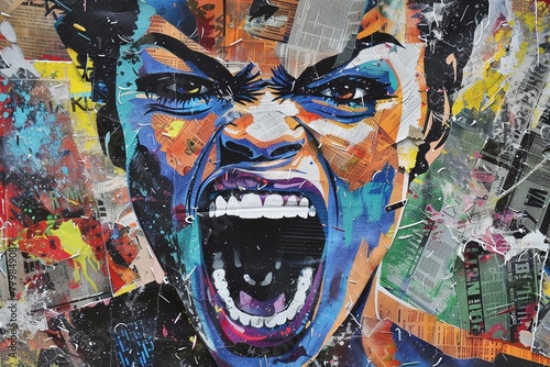 A powerful portrait in bold graffiti style depicts a woman with a wide-open mouth, radiating raw energy, surrounded by a chaotic collage of newspaper scraps and urban street art. photo