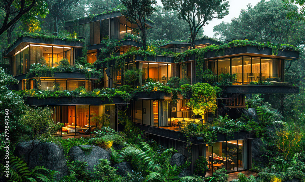 Futuristic Smart Homes Embedded in Lush Greenery Showcasing AI Driven Sustainable Living Solutions with Innovative Energy Management