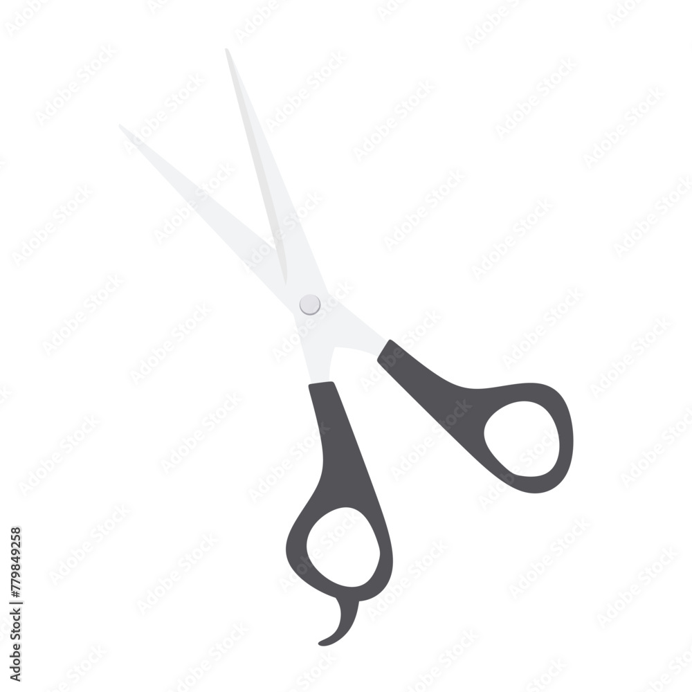 Scissors vector. Open scissors with black handle isolated on white background. Flat illustration of cutting instrument with finger brace. Hairdressing instrument. vector illustration Scissors vector. Open scissors with black handle isolated on white background. Flat illustration of cutting instrument with finger brace. Hairdressing instrument. vector illustration