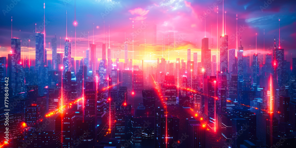Futuristic cityscape with holographic data screens and lights floating in the air between skyscrapers, creating a vibrant, tech driven urban environment in a cyberpunk style at night Futuristic cityscape with holographic data screens and lights floating in the air between skyscrapers, creating a vibrant, tech driven urban environment in a cyberpunk style at night