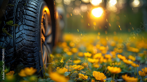 summer tires in the blooming spring in the sun - time for summer tires. Generative ai photo