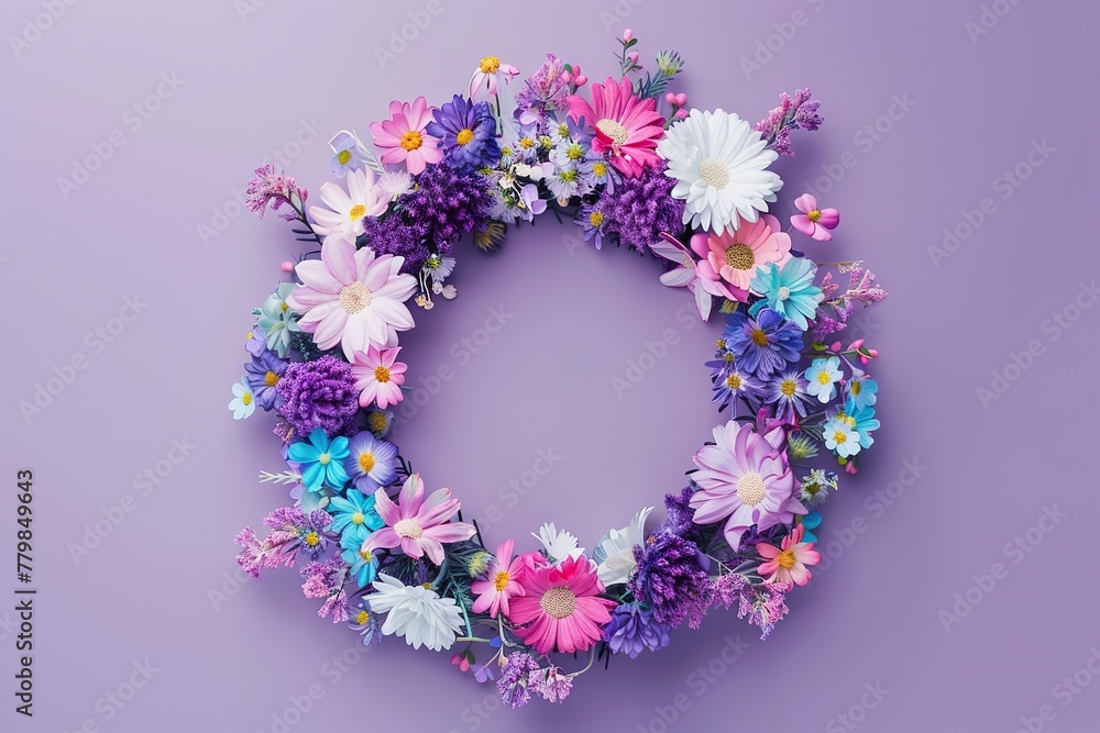 Flower wreath. Round shaped wreath made of colorful flowers, isolated on a purple background. Floral flat lay. aesthetic spring design idea, easter decoration creative idea. Springtime. No people