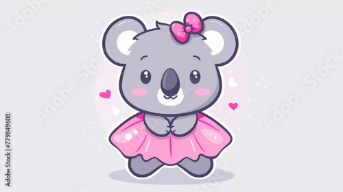  A koala in a pink dress, adorned with a bow atop its head, and a heart emblem on its chest