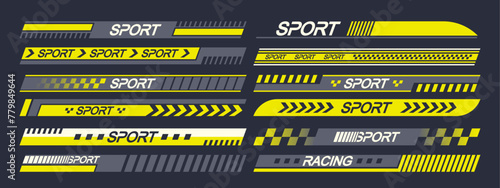 Vector Set of Sports Car Stickers Design Elements Evoking Speed And Racing Aesthetics. Arrows, Stripes And Rally Motifs © Pavlo Syvak