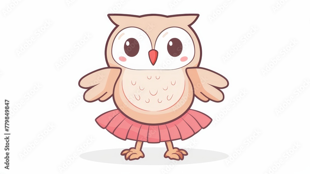   A pink-dressed owl with large eyes and a broad grin stands before a pristine white backdrop
