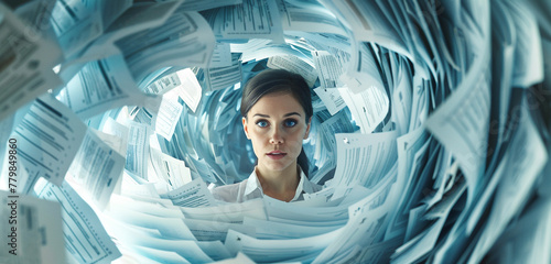 A dynamic businesswoman surrounded by a swirling vortex of paperwork, her eyes gleaming with determination as she meets the camera's gaze head-on photo