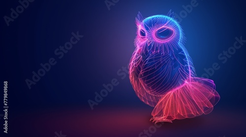  Neon-hued owl atop blue-pink backdrop Red glow emanates from its eyes