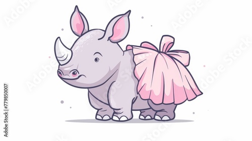  A rhino donned in pink tutu, skirt affixed to its back, stands before a pristine white expanse