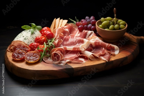 Handcrafted Prosciutto wooden board. Raw meat. Generate Ai