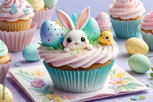 Easter cupcakes with whipped cream for sweet design in watercolor style. Cute sweet food dessert.
