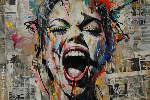 A close-up graffiti portrait showcases a woman's raw energy. Her open mouth conveys anger, juxtaposed against a background of colorful newspaper scraps and other street art. © Martin