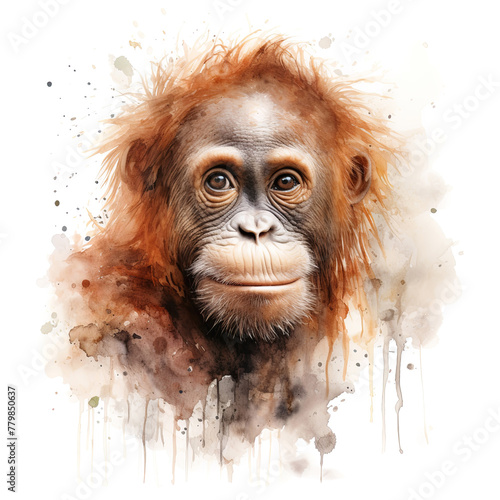 Expressive Young Orangutan Portrait With Watercolor Splashes on a White Background. Digital painting. © Rixie