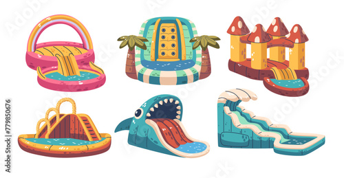 Inflatable Slides With Pools. Large, Air-filled Structures Designed For Bouncing And Sliding Fun, Cartoon Illustration