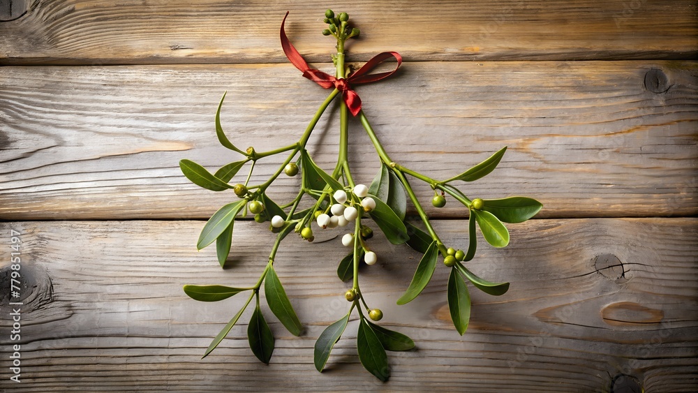 Festive Mistletoe Branch on Wooden Background | Holiday Cheer Festive Mistletoe Branch on Wooden Background | Holiday Cheer