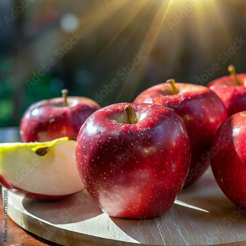 The juicy apples, bright and glossy red color will whet your appetite, and the sunlight reflecting off the fruit will give it a shine, making it taste delicious. photo