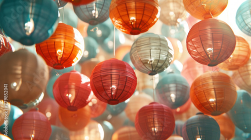 A collection of colorful paper lanterns, hanging in a festive arrangement photo