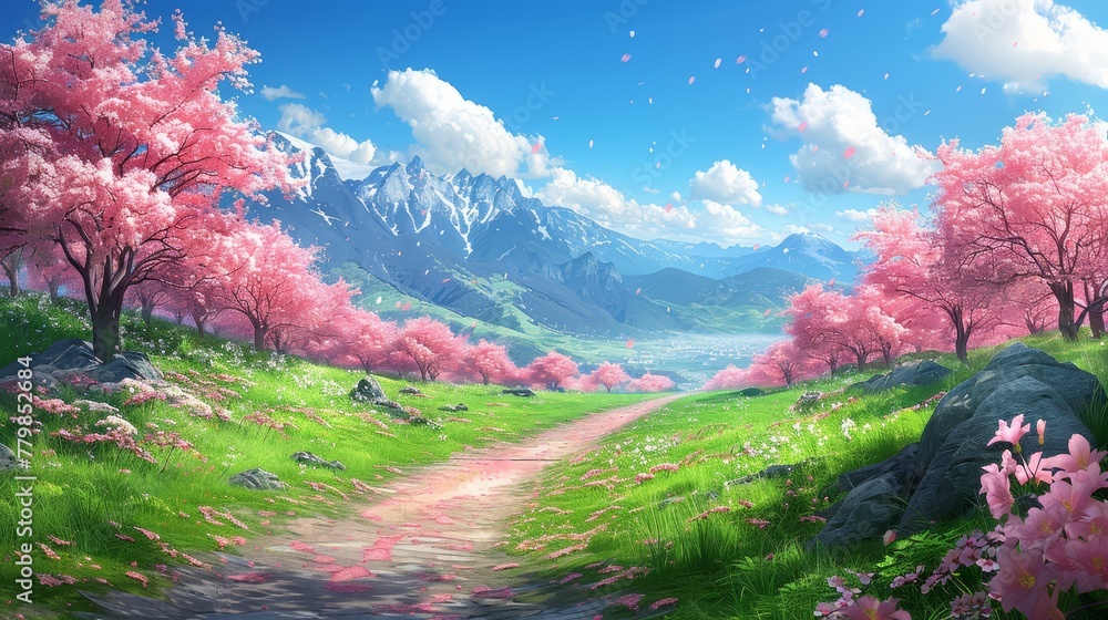   A path weaves through a verdant green field, dotted with pink blooms in the foreground, leading to a distant mountain range