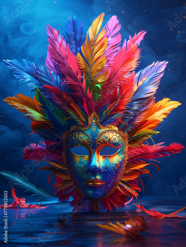 Carnival Mask, Vibrant Feathers, Festive atmosphere in Brazil, Music and dancing, Colorful costumes, 3D render, Spotlight, Chromatic Aberration