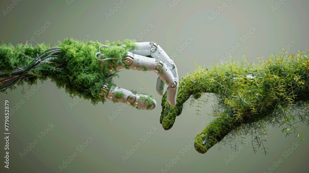 Robot hand and natural hand covered with grass reaching toward each other, technology and nature joining forces, 3D rendering - obrazy, fototapety, plakaty 