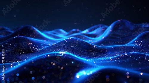 Background of glowing particles with depth of field and bokeh. Particles form line and abstract surface grid. 3d rendering V2 blue. photo