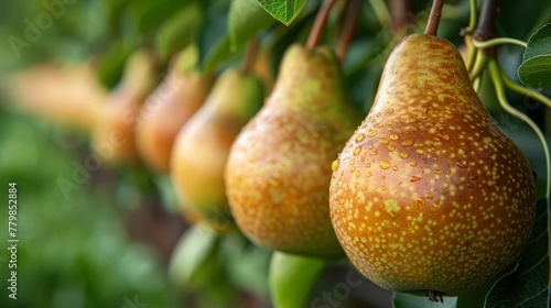  A tree bears pears in a row, each with a green leaf above and brown spots on its outer surface