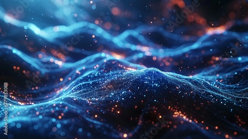 The background is rendered in 3D with bokeh and depth of field and particles form a microcosm or a surface grid. Blue V13.